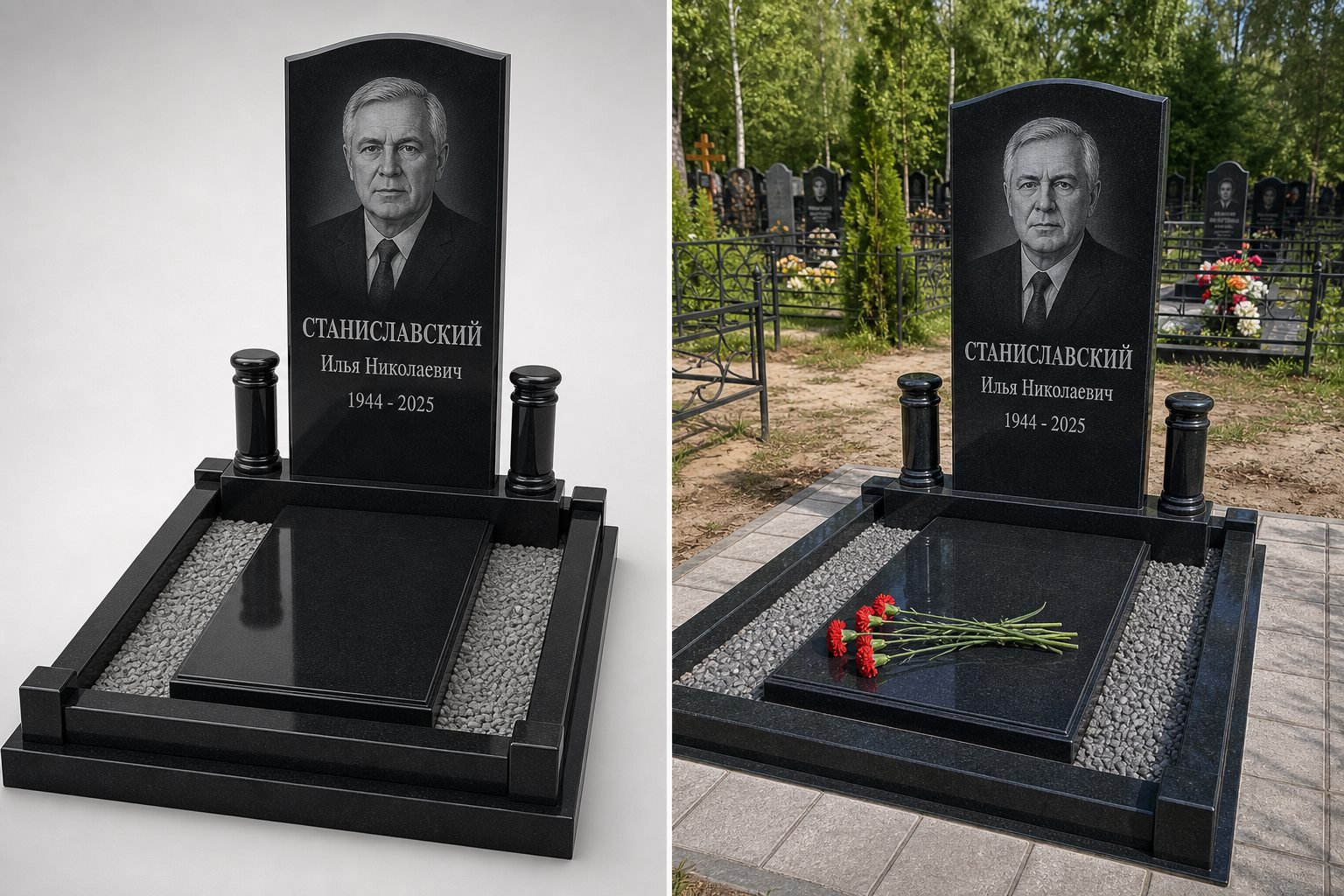 3D-визуализация памятника до изготовления и готовый памятник после установки