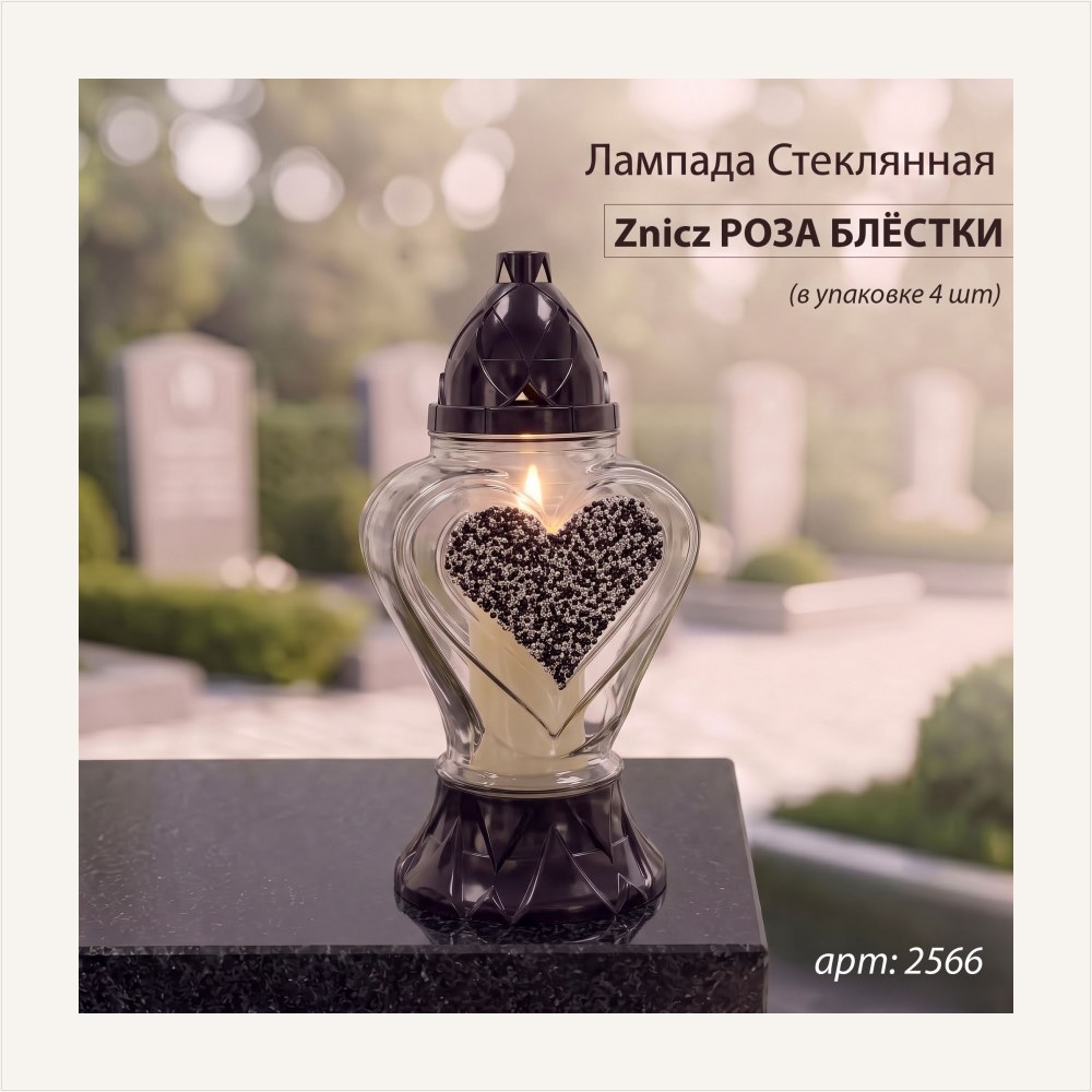 Лампада стеклянная, свеча вкладыш, Сердце блестки серебро Znicz (размер 33*15*15 см, корпус Сердце, колба прозрачное стекло, пластик черный, Сердце, Блестки, цвет Серебро, в упаковке 4 шт.), артикул ГЗ-2566